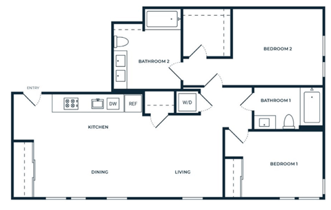 Floor plan for 2 beds, 2 baths, 987 sqft